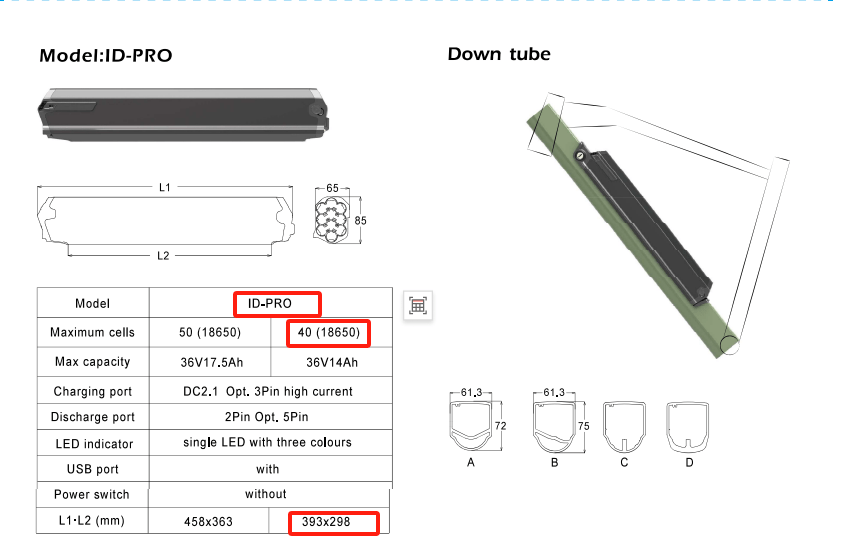 36V 14Ah / 504Wh Dorado 393mm Dorado Samsung eBike Battery CPGRD36-14